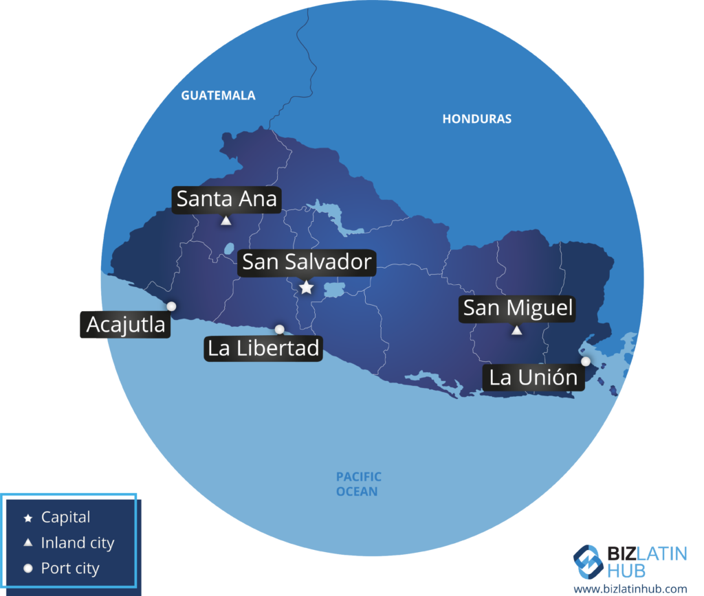 A map of El Salvador and some key cities accompanying a guide to employment law in El Salvador