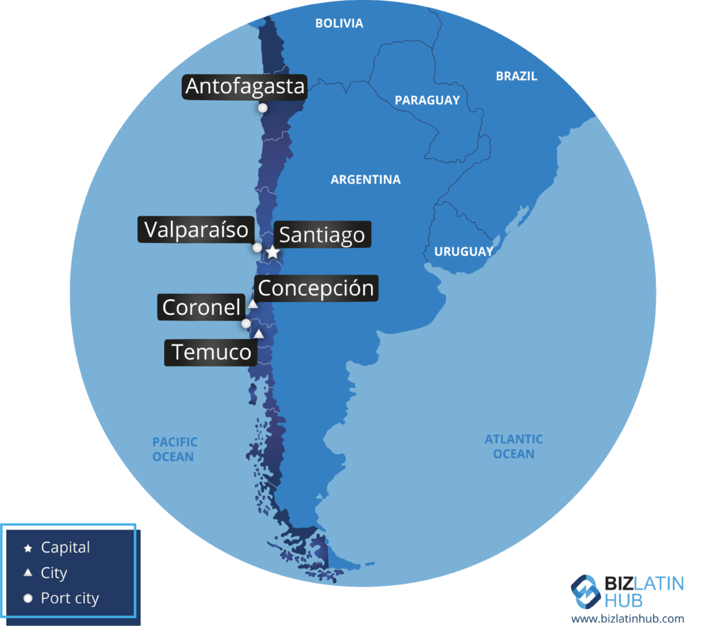 A map of Chile, where you will need to understand financial regulatory compliance if planning to launch a company there