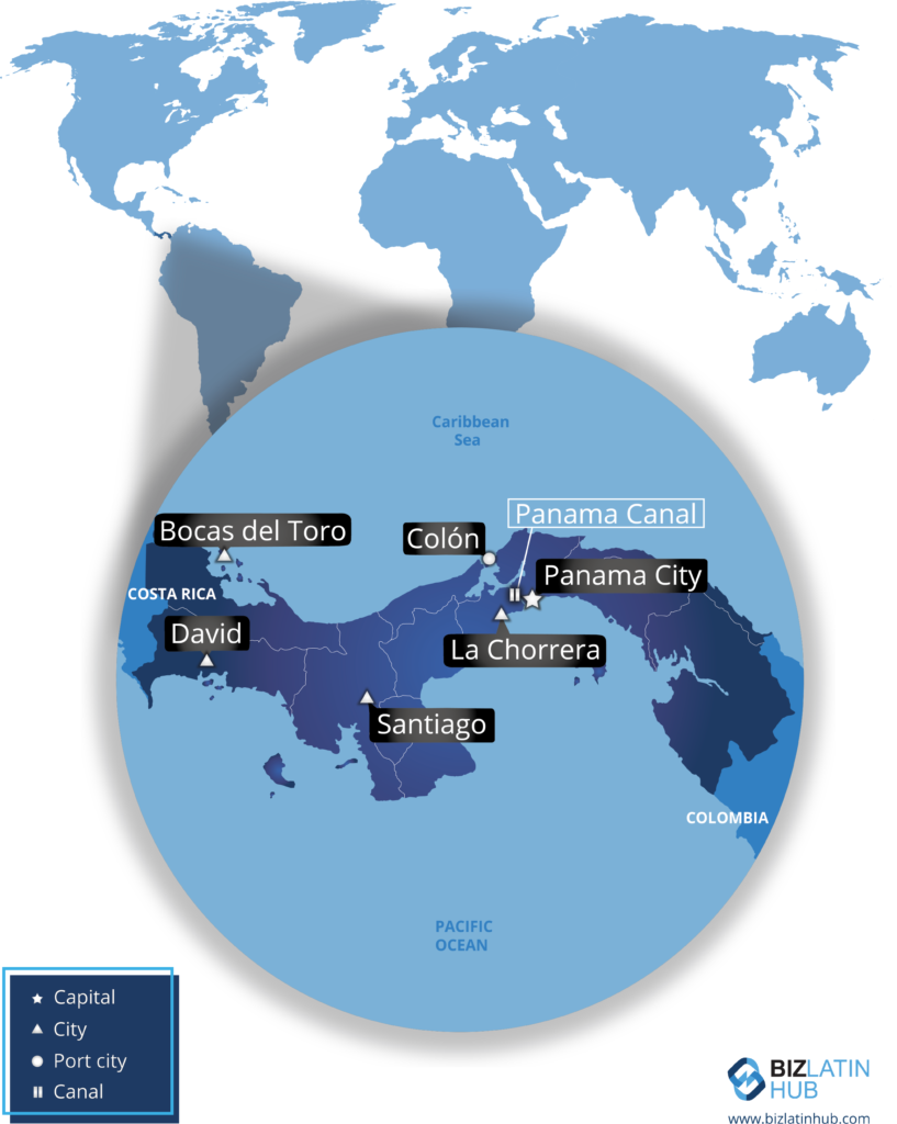 A map of Panama and some of its key cities. Your lawyer in Panama will likely be based in capital Panama City.